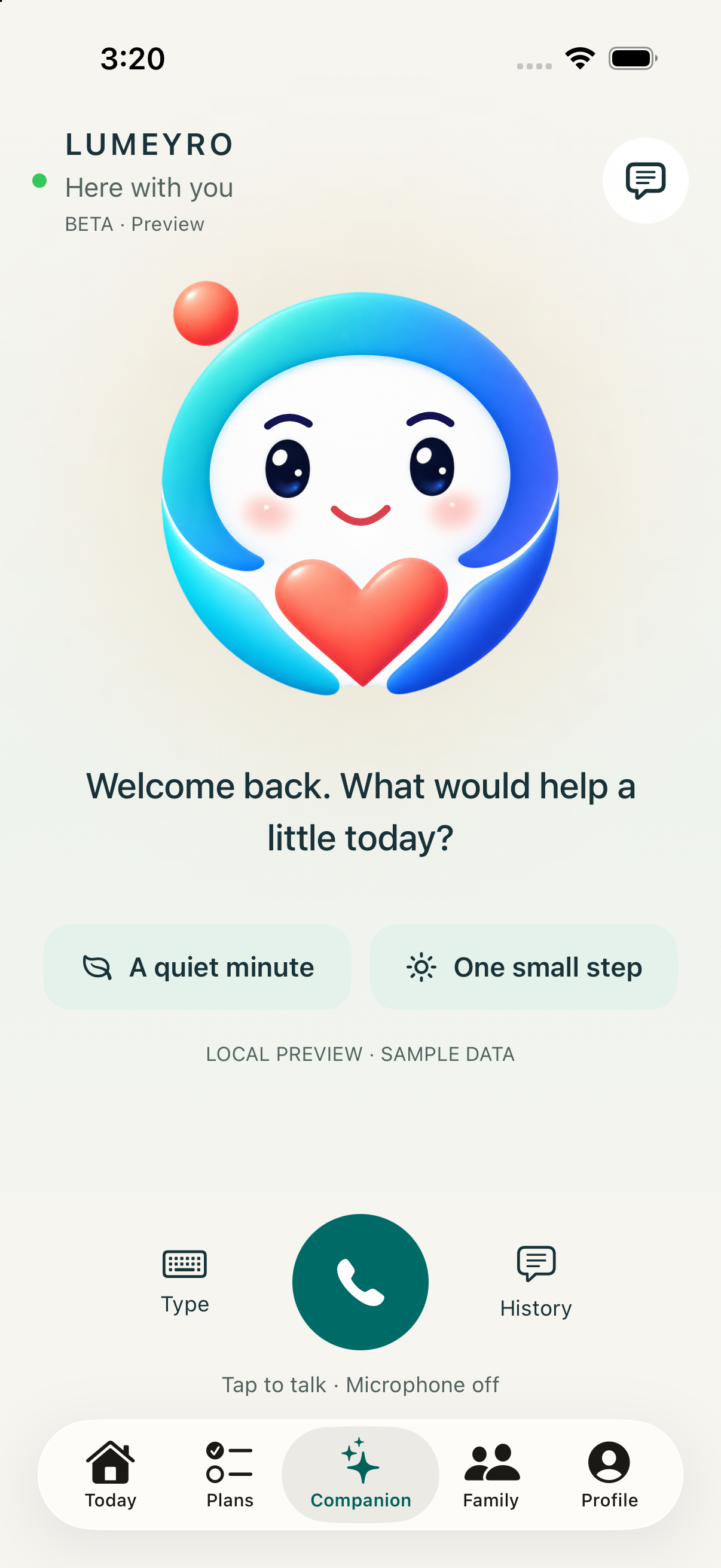 Actual LUMEYRO Beta companion preview with the phone button, subtitles and a quiet-minute suggestion.
